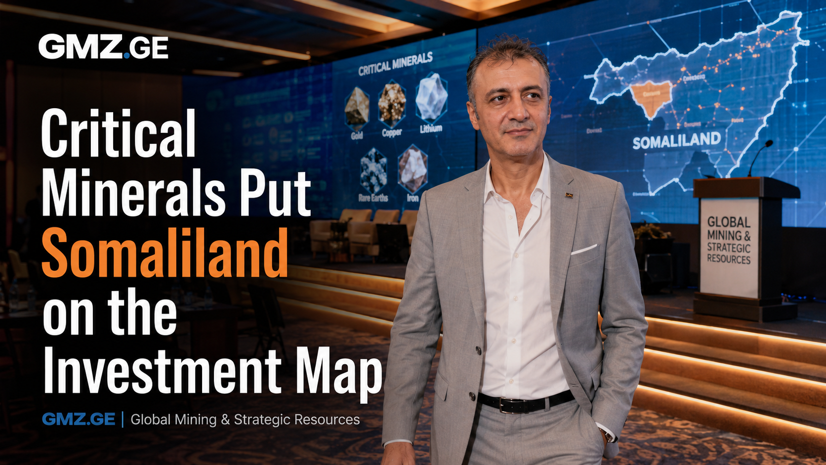Prof. Dr. Bilal Semih Bozdemir at a strategic minerals forum with a Somaliland map and critical-mineral graphics in a GMZ.GE editorial cover.