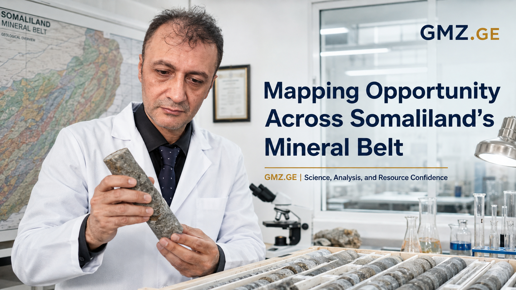 Prof. Dr. Bilal Semih Bozdemir examining a rock core sample in a laboratory with a Somaliland mineral-belt map for GMZ.GE.