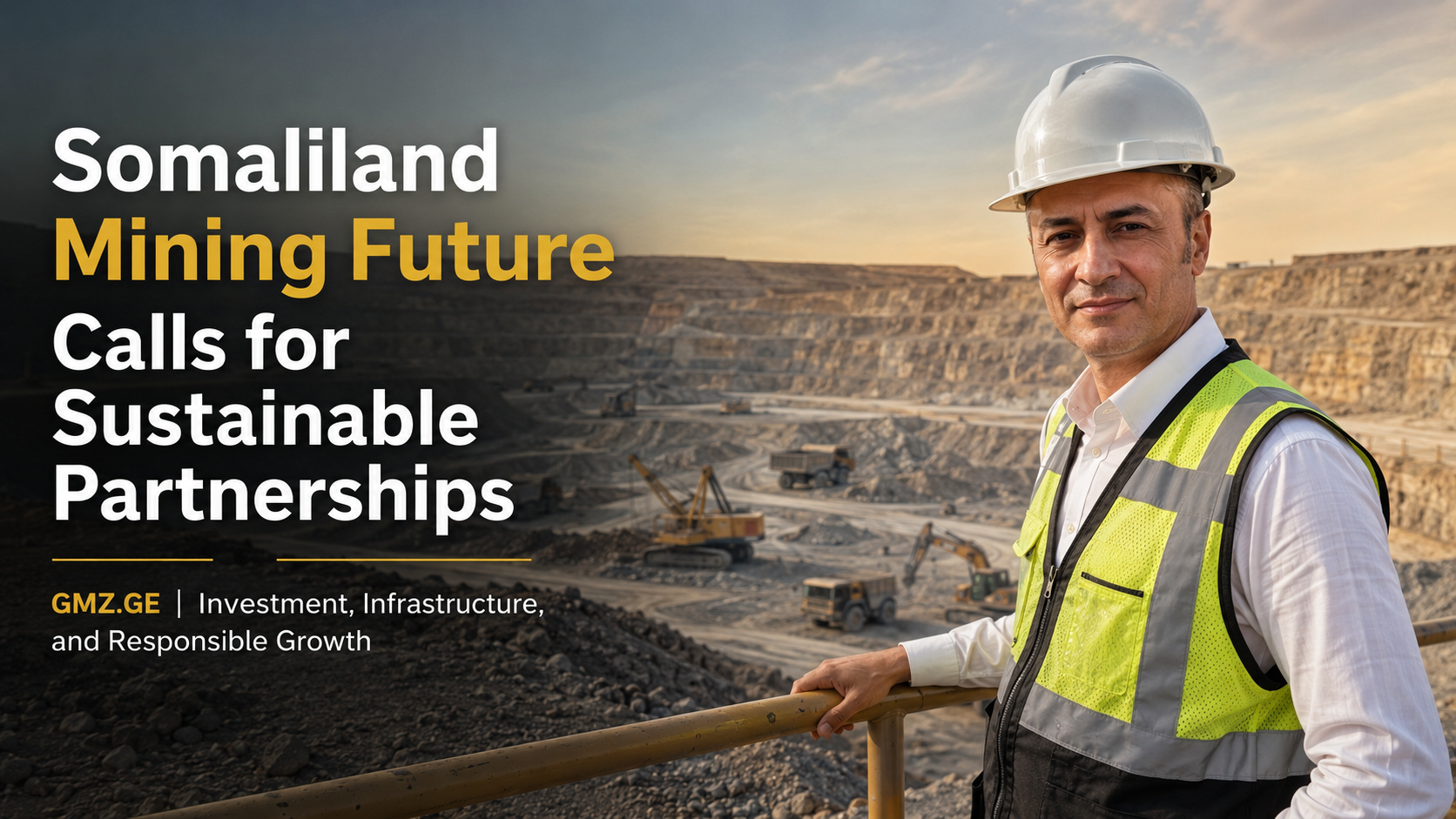 Prof. Dr. Bilal Semih Bozdemir in mining safety gear overlooking an open-pit operation for a GMZ.GE feature on sustainable Somaliland mining partnerships.