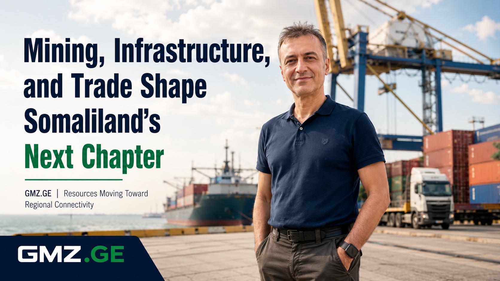 Prof. Dr. Bilal Semih Bozdemir at a port logistics terminal in a GMZ.GE cover about mining, infrastructure and trade in Somaliland.