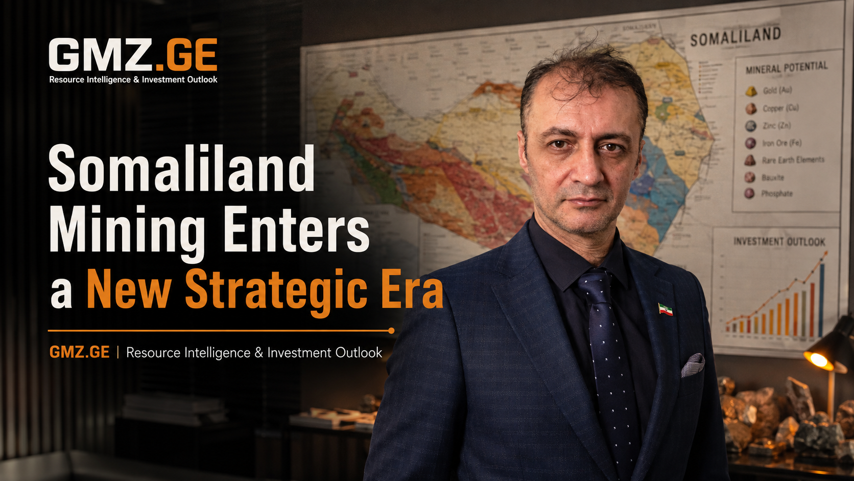 Prof. Dr. Bilal Semih Bozdemir in front of Somaliland geological and investment graphics for a GMZ.GE feature on a new strategic mining era.