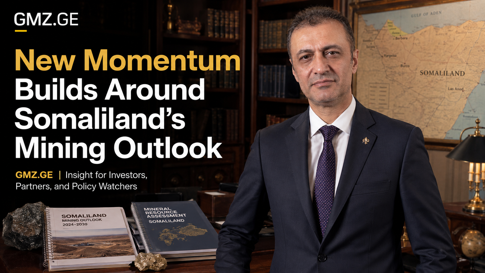 Prof. Dr. Bilal Semih Bozdemir beside Somaliland mining outlook materials and a map in a GMZ.GE mining intelligence cover.