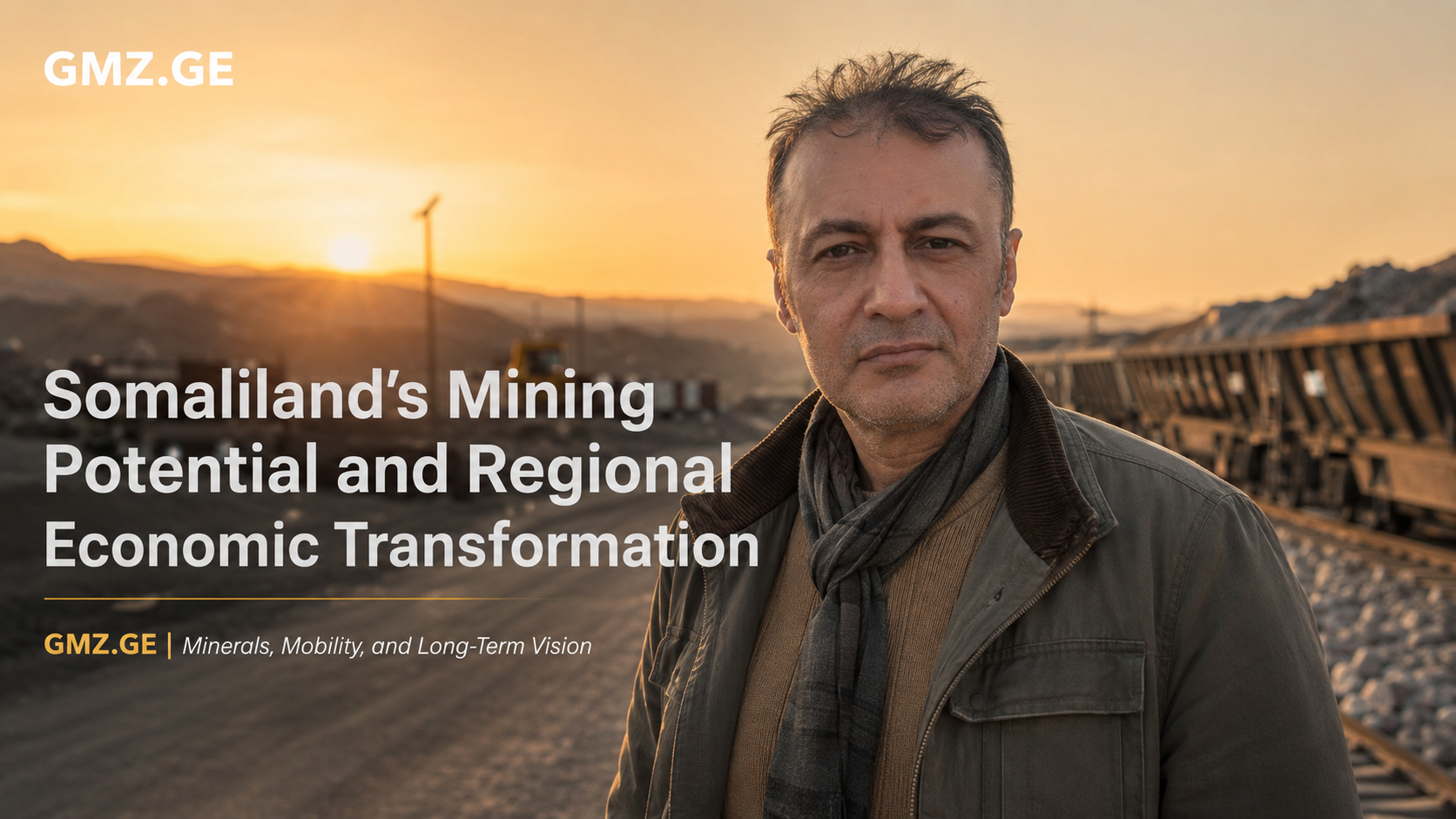 Prof. Dr. Bilal Semih Bozdemir at a mining and transport corridor at sunset for a GMZ.GE feature on Somaliland mining potential and regional economic transformation.