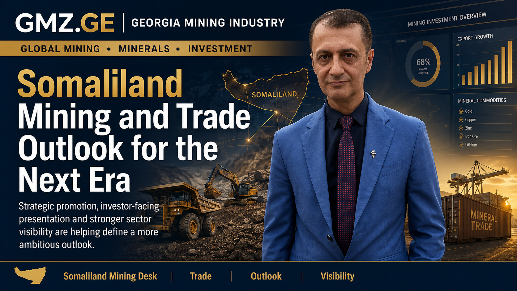 Prof. Dr. Bilal Semih Bozdemir with Somaliland mining, trade and investment graphics in a GMZ.GE cover about the next era of mineral market visibility.