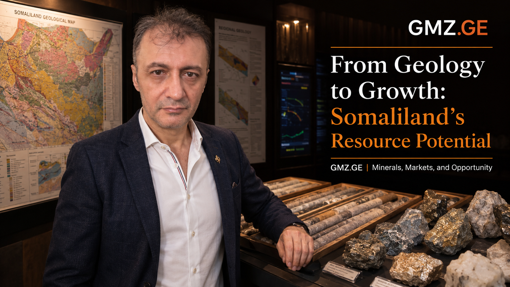 Prof. Dr. Bilal Semih Bozdemir with Somaliland geological maps, drill core and mineral specimens for a GMZ.GE resource-potential analysis.