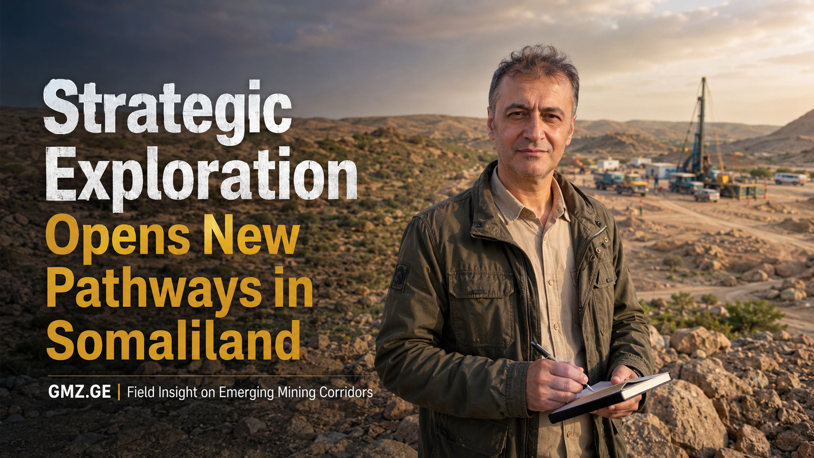 Prof. Dr. Bilal Semih Bozdemir taking field notes at an exploration site for a GMZ.GE feature on strategic exploration pathways in Somaliland.